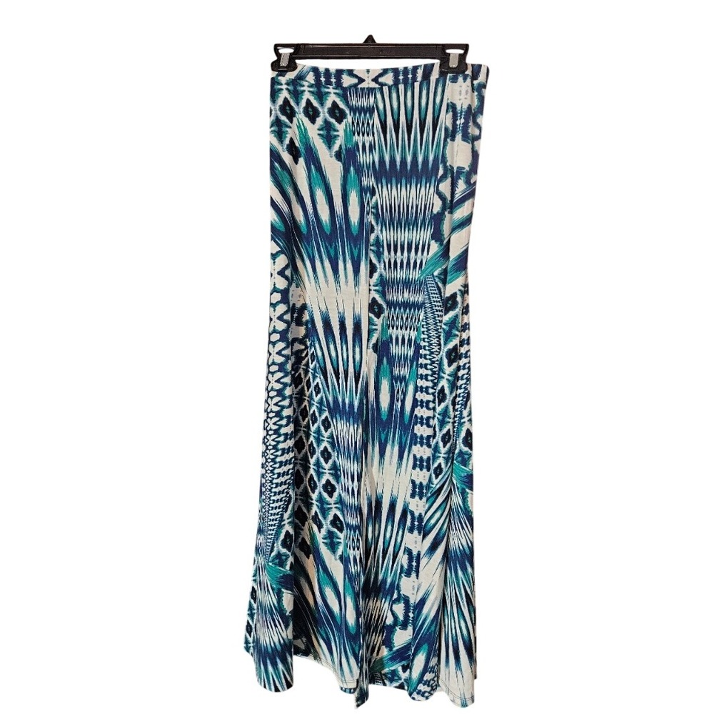 Bisou Bisou Michele Bohbot Blue Ikat Patchwork Maxi Skirt Side Slit NWT Small